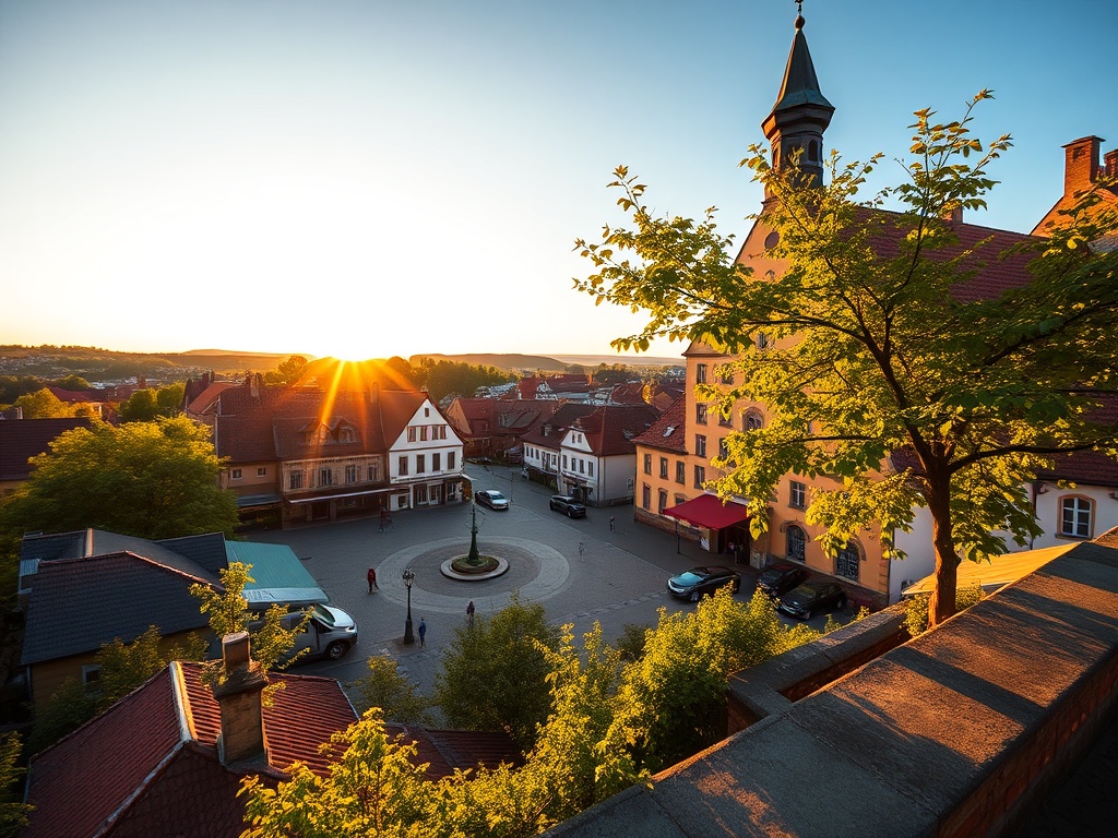 Widok na zielony park miejski w Zgierzu w słoneczny dzień, idealny na majówkowe wycieczki.